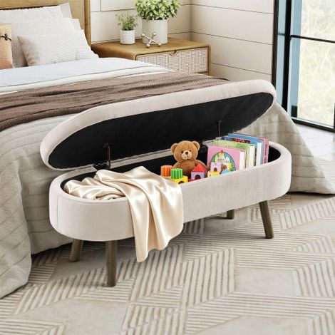 Banquette de rangement multifonctionnelle en tissu doux shénille, structure en bois massif avec pieds en bois, compartiment de stockage de 20 L, dimensions 110 × 40 × 42 cm, idéale pour chambre, salon