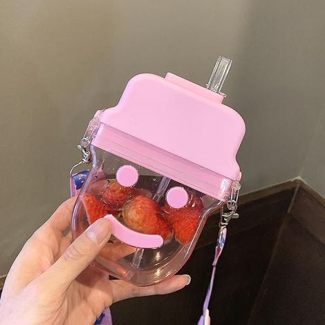 Tasse de crème glacée Smiley de dessin animé créatif, tasse en plastique en paille, cadeau Portable pour étudiant en plein air(rose) (1/5)
