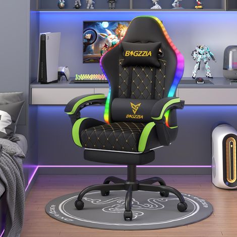 RGB Gaming Chair Reclining Footrest Ergonomic PU Leather Green (1/5)
