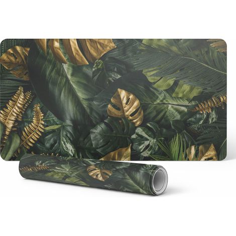Alfombrilla protectora para escritorio, teclado y rat贸n con dise帽o de hojas tropicales, 120x60 cm.