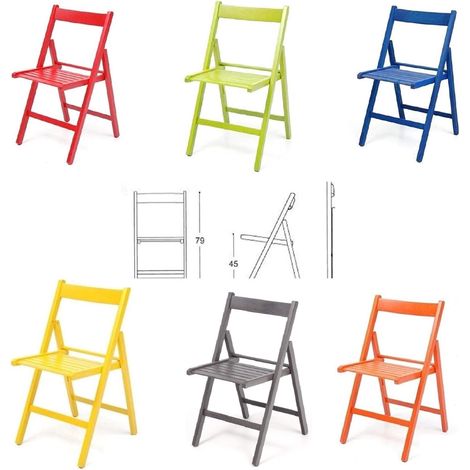 6 Sedie pieghevoli in legno colorate listellare Rosso,Verde,Grigio,Giallo,Blu,Arancione