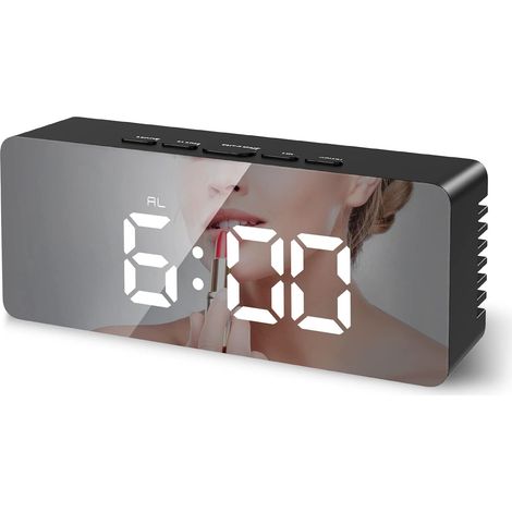 Réveil numérique, réveil matinal avec affichage de la date et de la température sur écran LED miroir, luminosité et mode nuit réglables, fonction d'alarme et de répétition, réveil de voyage alimenté p (1/3)