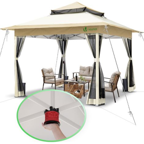 Vounot – Tonnelle de jardin 3,6x3,6m pop up pliable – Cadre en acier – Moustiquaire amovible – Hauteur réglable – Beige