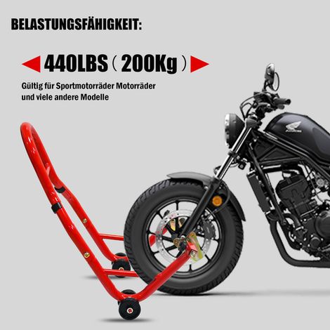 Support d’appât pour moto 200 kg avec dispositif d’amarrage avant et latéral. Compatible la plupart des deux-roues,structure robuste couleur rouge.