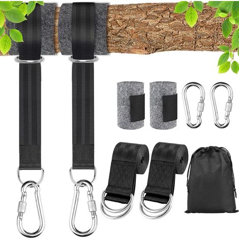 Lot de 2 fixations pour balançoire, arbre et hamac, , pour fauteuil suspendu, avec 2 mousquetons, anneaux en D, avec rembourrage de protection pour arbre, sac de rangement