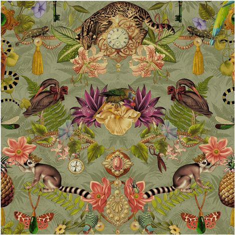 Ornate Oddities Wallpaper Sage Animal Floral Birds Metallic Finish 10m Roll (1/4)