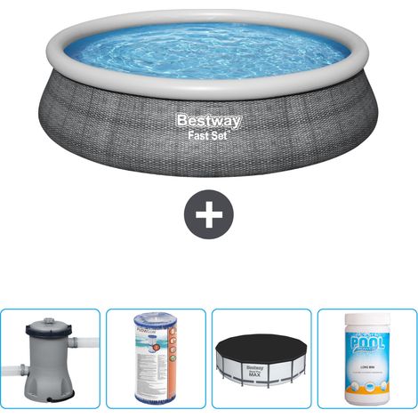 Piscine gonflable ronde Bestway à réglage rapide - Imprimé rotin - 457 x 84 cm - Comprend des Accessoires CB51 (1/4)