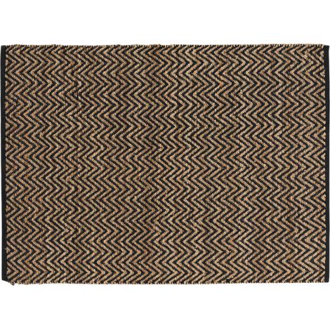 Tapis rectangle 120 x 170 cm – Jute et polycoton – Motif Zigzag noir et naturel