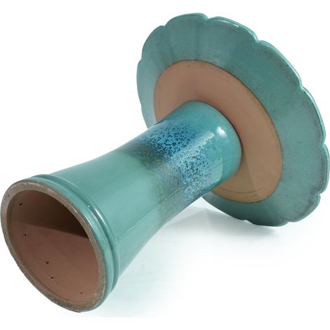 Bain d’oiseaux en céramique artisanale avec relief de feuilles ondulées, Ø43 cm, hauteur 45 cm, glacure turquoise brillante pour jardin et terrasse (1/5)