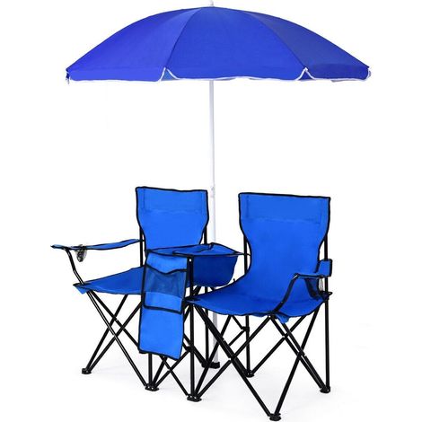 Sedia da campeggio pieghevole con ombrellone per 2 persone, sedia pieghevole per coppie, sedia da pesca doppia, pieghevole con portabicchieri, borsa termica, blu