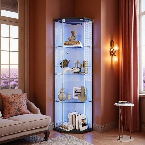 Glasvitrine - Modernes Design - 162cm - LED-Beleuchtung - 5 Etagen - Schwarz