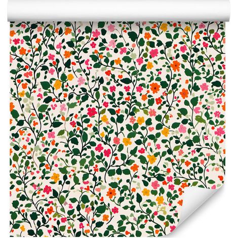 Papel pintado con flores pequeñas en verde y beige para salón y dormitorio, 50x1000 cm. (1/5)