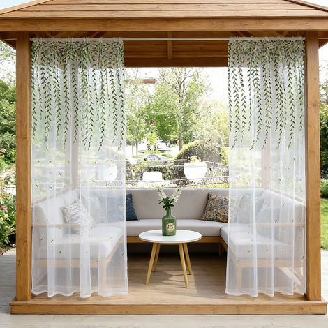 ROSNEK Rideau Voilage Extérieur Brodé Feuilles Anti-Moustique Passe-Tringle 140x175cm Blanc (Lot de 2)
