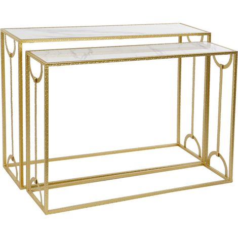 Set de 2 Consoles métal doré et plateaux marbre - 110x32.5x83.5cm (1/4)