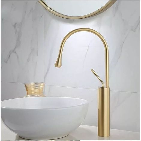 Robinet lavabo cascade doré brossé – Mitigeur monocommande – Laiton anti-corrosion – Installation facile (1/5)