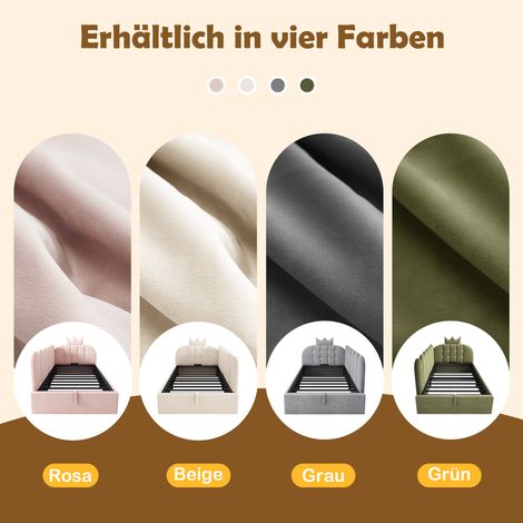 Lit bébé/adulte convertible 90x190 cm, canapé-lit jour avec coffre hydraulique, banquette d'invités en forme de L, velours beige à motif de couronne, sans matelas. (1/5)