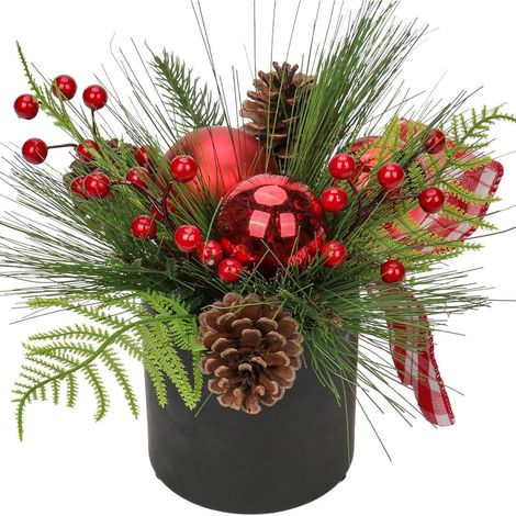 Kunstpflanze Weihnachtsdeko Gesteck Keramiktopf Tannenzweig Rot (1/5)