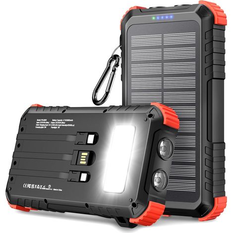 Batterie Externe Solaire 26800mAh, Power Bank PD15W USB C avec 3 Câbles, 5 Sorties 3 Entrées, Chargeur Solaire étanche avec Deux Lampes Torches et Mousqueton pour Le Camping (1/5)