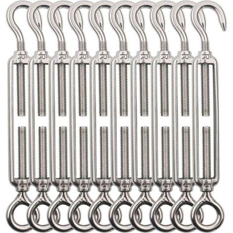 Tendeur Cable Crochet M5 (Crochet et Oeil), Tendeur Fil Acier/Tendeur Cable INOX en Acier Inoxydable 304 pour Fil a Linge, Cable Acier, Corde Acier -10 Pièces (1/4)