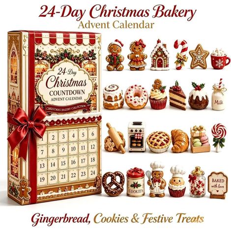 Nouveau calendrier de l'Avent de Noël avec 24 mini-décorations surprises en forme de pain d'épice (style 3D) - Coffret surprise de pâtisserie de Noël