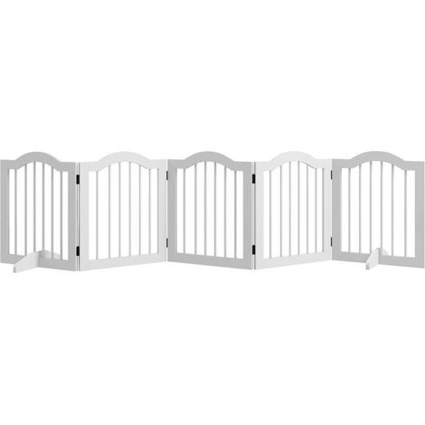 Barrière de délimitation pour animaux à 5 panneaux pliables et modulables, bois massif/MDF, dimensions 261,5×29,5×61 cm, couleur blanche (1/4)