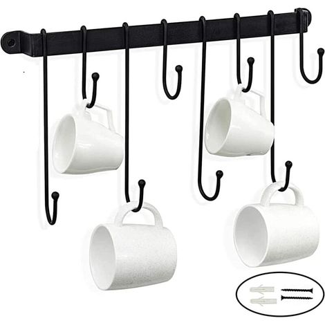 Porte Casseroles Mural de Suspension 40CM avec 8 Crochets, Adhésif Fort Barre Cuisine Ustensiles étagère, pour Casserole, Pot, Couvercles, Ustensiles de Cuisine, Noir (1/4)