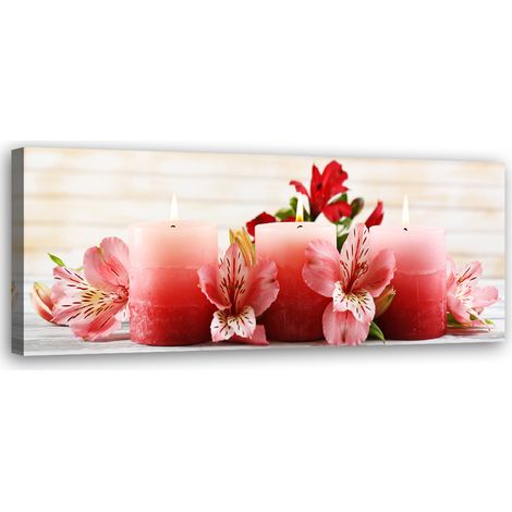 Tableau sur toile Bougies Fleurs Zen Rouge 90x30 (1/5)