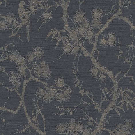 Exklusive Luxus Tapete Profhome 378672 Vliestapete leicht strukturiert mit asiatischem Muster und metallischen Akzenten anthrazit schwarz-grau bronze 5,33 m2