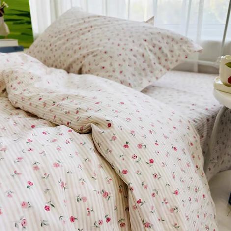 Parure de lit 2 pièces 135 x 200 cm - Motif floral rose - Avec fermeture éclair - Vintage - Petites fleurs et rayures - Housse de couette 135 x 200 cm et taie d'oreiller 80 x 80 cm (1/5)