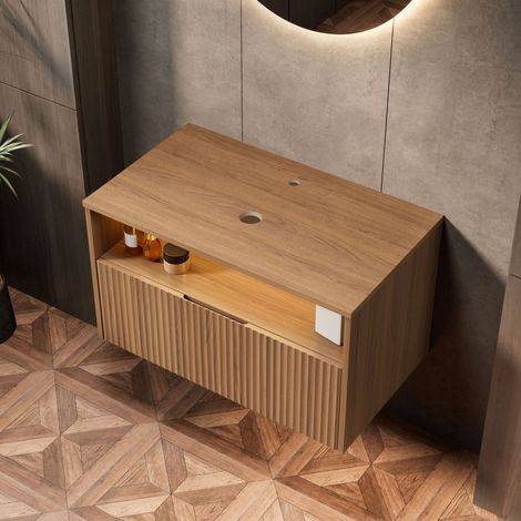 DESMIU Meuble Sous Vasque Mural avec 1 Tiroir, Façade en Bois Massif Texturée, pour Salle de Bain, Contreplaqué, Chêne Marron (1/5)