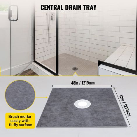 Kit Receveur de Douche 48"x48" Étanche avec Bride PVC Centrale 4", Grille Inox 4", 2 Bordures à Couper et Truelle, Pente pour Salle de Bain (1/5)
