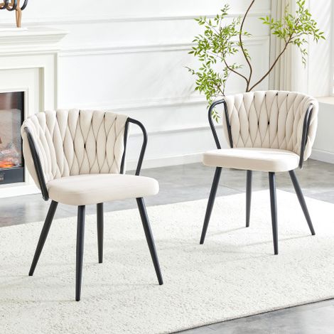 Chaises de salle à manger modernes en velours (avec dossier à texture tissée et pieds en métal noir mat) assise ergonomique adaptées aux salles à manger, salons et cuisines disponibles en beige et (1/5)