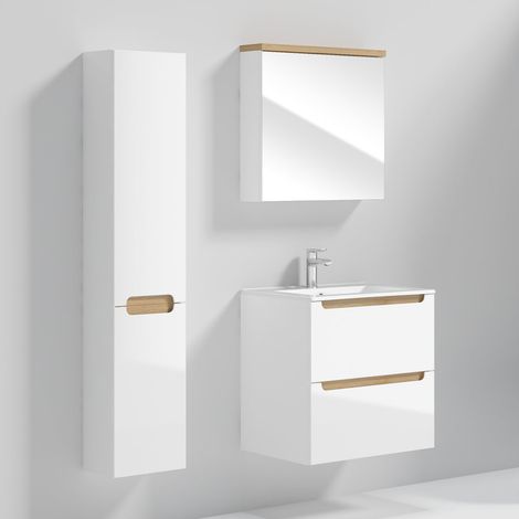 Ensemble meuble simple vasque encastrée 60cm 2 tiroirs et colonne Livia Blanc et Bois (1/5)