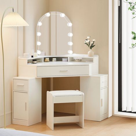 Corner Dressing Table with LED Lights Arch Mirror Vanity Make up Desk Stool Set