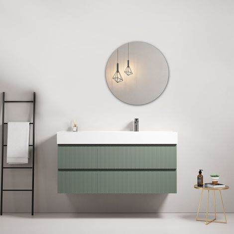Mobile bagno sospeso cannettato 120 cm Verde Salvia Lavabo a Destra in Resina Specchio Tondo - Fiji Paint (1/4)
