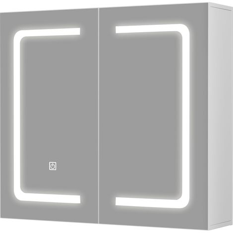 DYHOME Armoire de toilette avec éclairage, armoire de toilette suspendue à deux portes, prise USB, interrupteur sensitif, éclairage LED graduable, 70L x 60B cm (1/5)