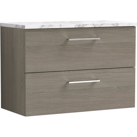 Nuie Arno Wall Hung 2-Drawer Vanity Unit with Carrera Marble Worktop 800mm Wide - Solace oak (1/4)