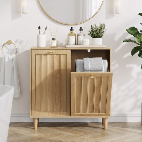 Wäscheschrank aus MDF in Eichenfarbe mit 2 herausnehmbaren Wäschekörben, 69,5 x 39 x 70,5 cm