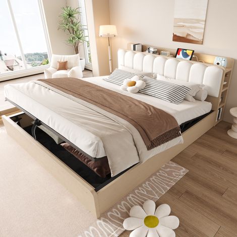 Lit coffre rembourré 180x200 cm – lit adulte gain de place avec coffre led et prise – velours – effet bois naturel (1/5)