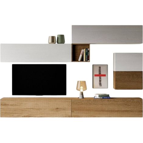 Mur TV modulable suspendu design blanc et naturel Lina L 308cm - 7 pièces (1/3)