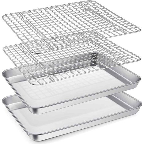Plaque de cuisson avec grille de refroidissement [2 plaques + 2 grilles], plaque de cuisson en acier inoxydable pour biscuits, 30,5 x 25,5 x 2,5 cm, robuste, non toxique, compatible lave-vaisselle (1/5)