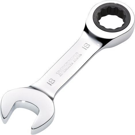 Draper 18mm Hi-Torq® Stubby Ratchet Spanner (27915) – Compact Metric Combination Wrench with Reversible Ratchet Mechanism