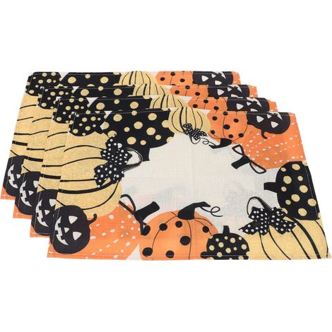 Ensemble de 4 sets de table citrouille en lin, résistants aux plis, doux et infroissables, pour la décoration de fête automnale, la cuisine, l'intérieur et l'extérieur. (1/5)