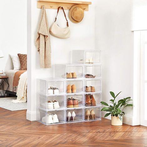 Boîtes à Chaussures, Lot de 12, Organisateurs avec Porte, Rangement de Chaussure en Plastique, empilable, Assemblage Facile, 27 x 34,5 x 19 cm, Jusqu’à la Pointure 46, Blanc LSP032W12 (1/5)