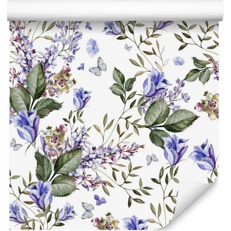 Carta da parati con farfalle tra i fiori di lavanda per soggiorno e camera da letto, 50x1000 cm. (1/5)