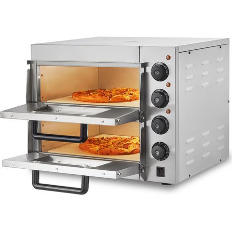 Mophorn Horno de pizza comercial de encimera, 14" de doble piso, horno de pizza electrico de acero inoxidable con piedra y mango, máquina para hacer pizza multiusos para interiores para restaurantes