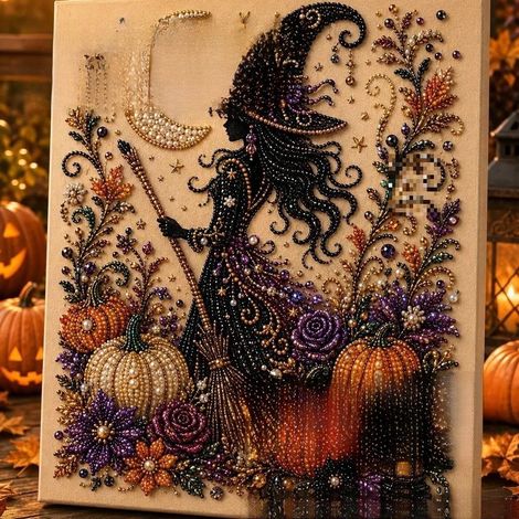 DIY Halloween Raven Pumpkin Handmade Pearl Painting Bedroom Decor Set - Witch - 2020cm with Frame