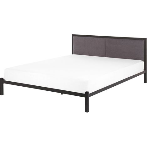 Cama de metal negra 160 x 200 cm con somier y cabecero de tela gris diseño moderno Clamart