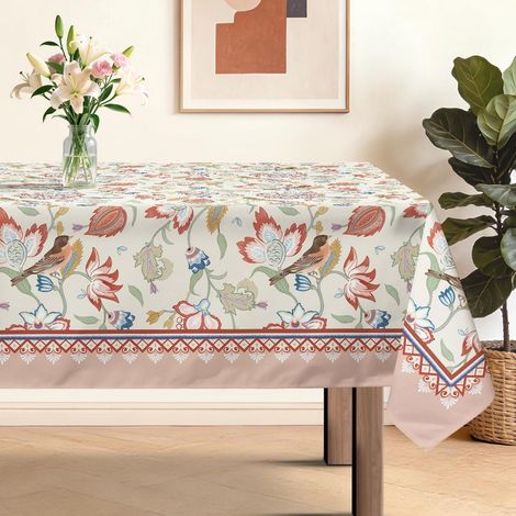 Tischdecke 140x180cm Blumen Garten Vögel Rosa Rechteckig Pflegeleicht