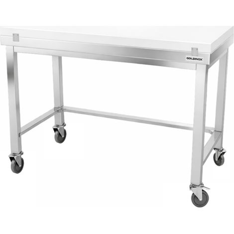 Table de travail en inox 1600x800 mm avec plaque de découpe blanche et renfort sur roulettes PREMIUM - GOLDINOX (1/4)